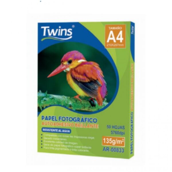 PAPEL FOTOGRAFICO TWINS A-4 GLOSSY C/ADHESIVO 135GR (PAQX50)