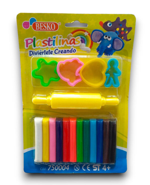 PLASTILINA BESKO JUMBO X12 + 4 CORTADORES + 1 RODILLO
